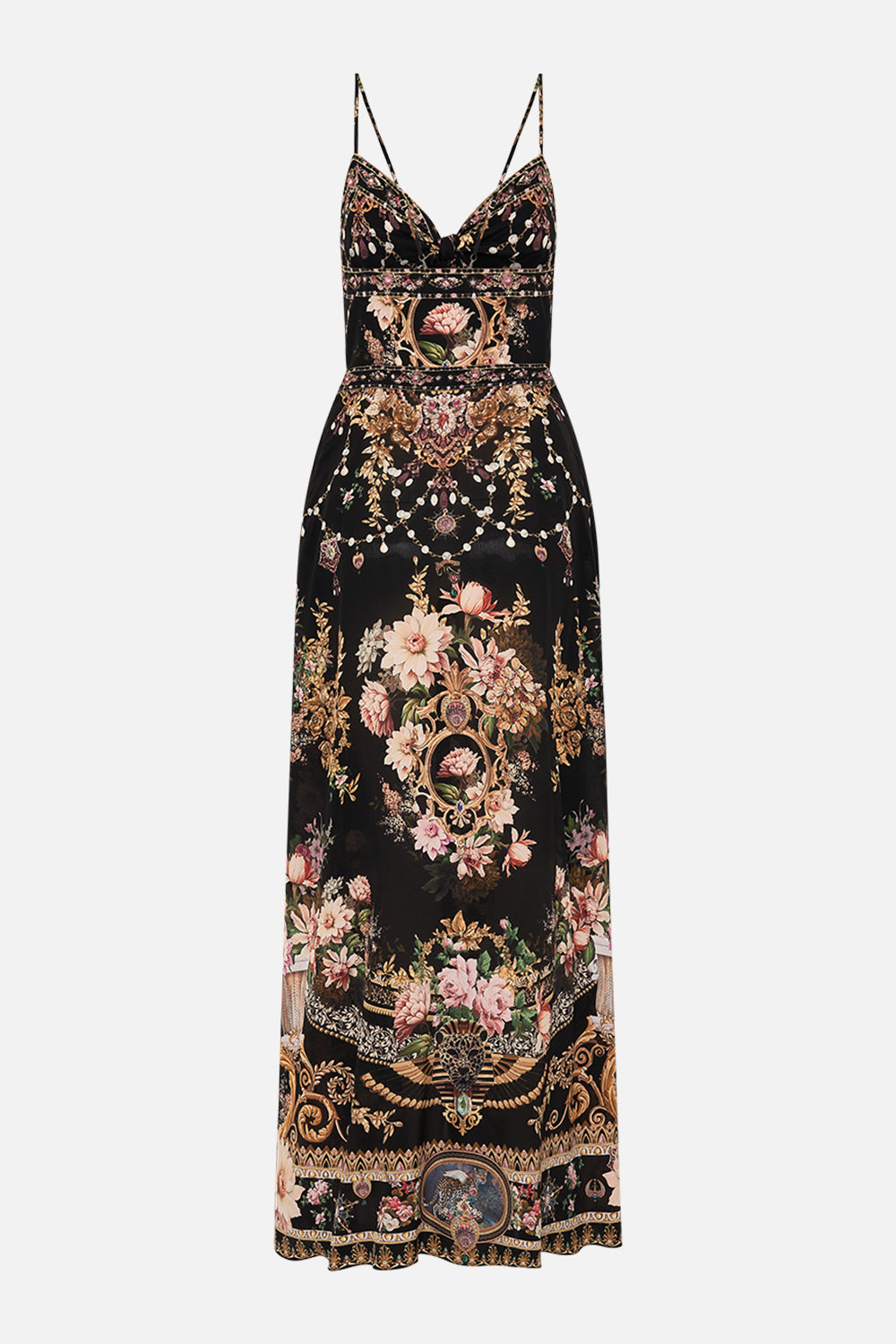 CAMILLA tie front cut out maxi dress in Dynasty Daze print. 