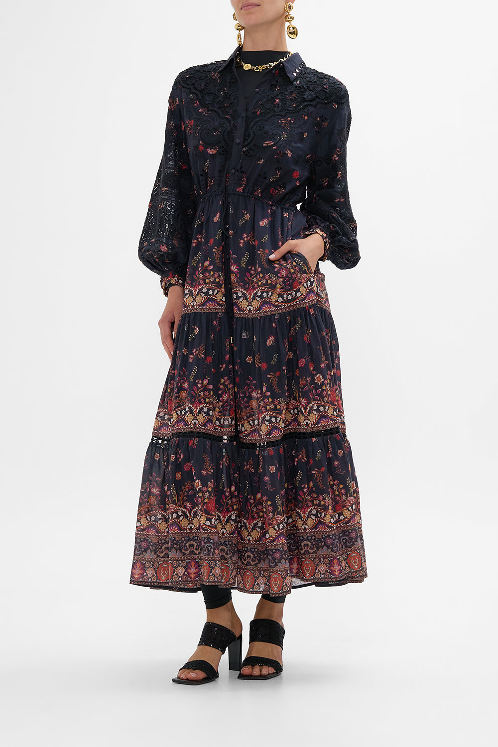 CAMILLA Embroidered Tiered Long Shirt Dress Loom to Tomb print