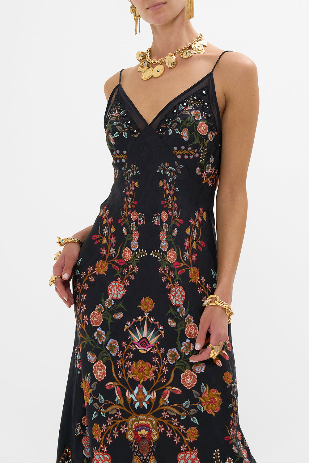 CAMILLA Floral Jacquard Full Length Bias Slip Dress in Loom to Tomb print