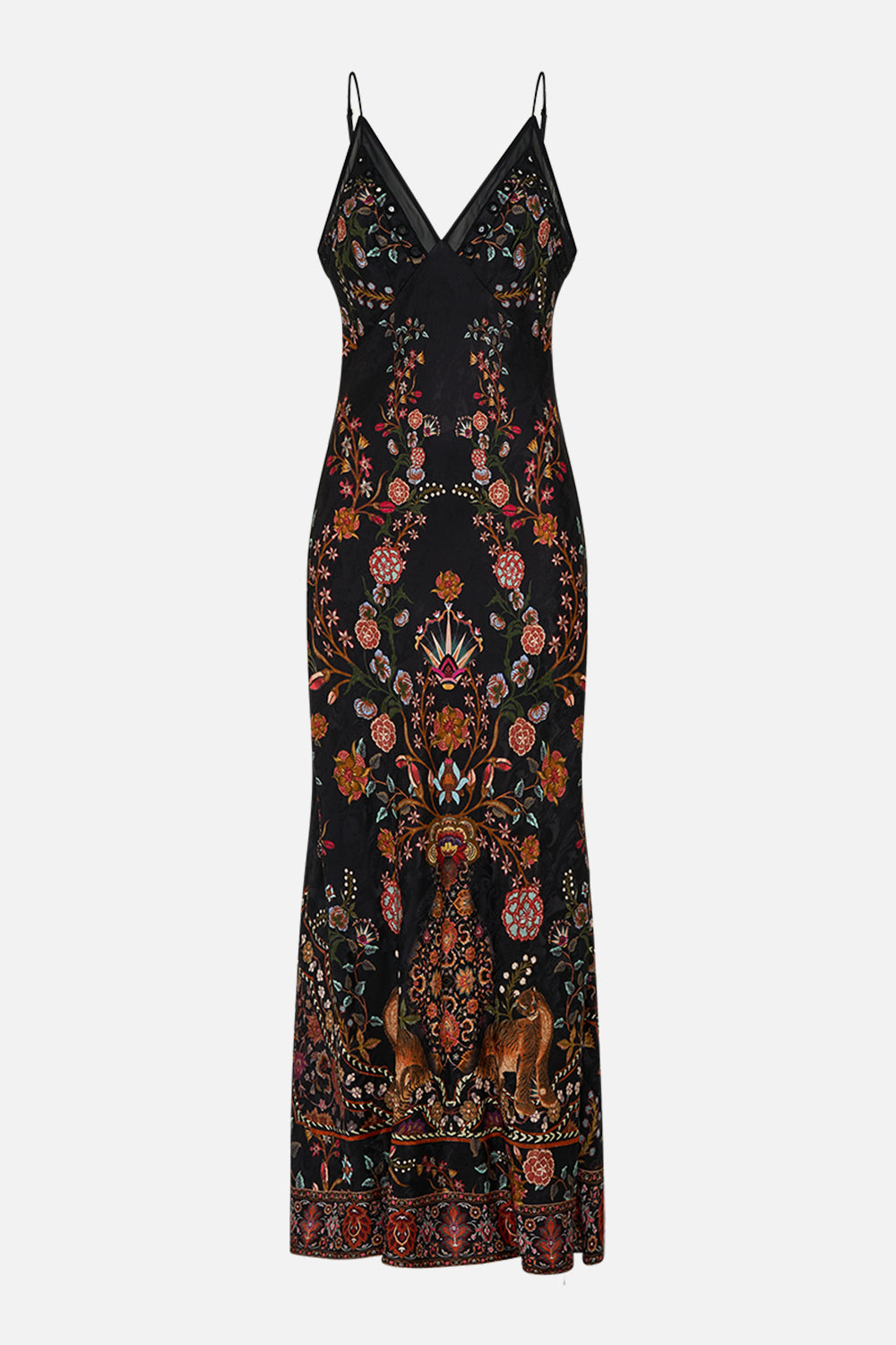 CAMILLA Floral Jacquard Full Length Bias Slip Dress in Loom to Tomb print