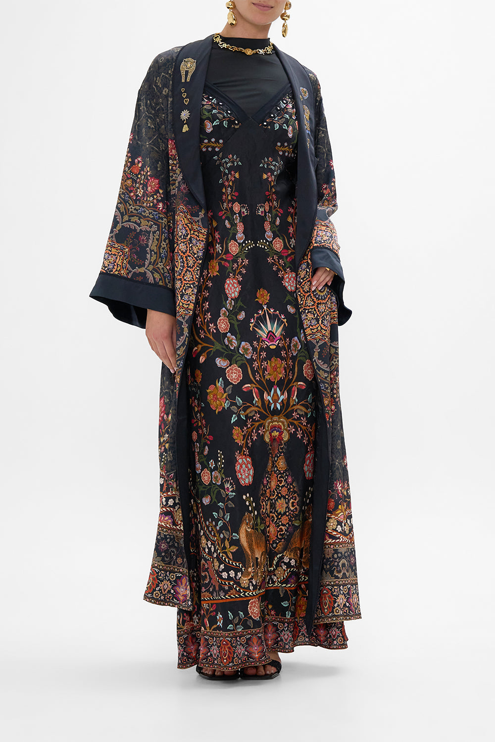 CAMILLA Floral Jacquard Full Length Bias Slip Dress in Loom to Tomb print