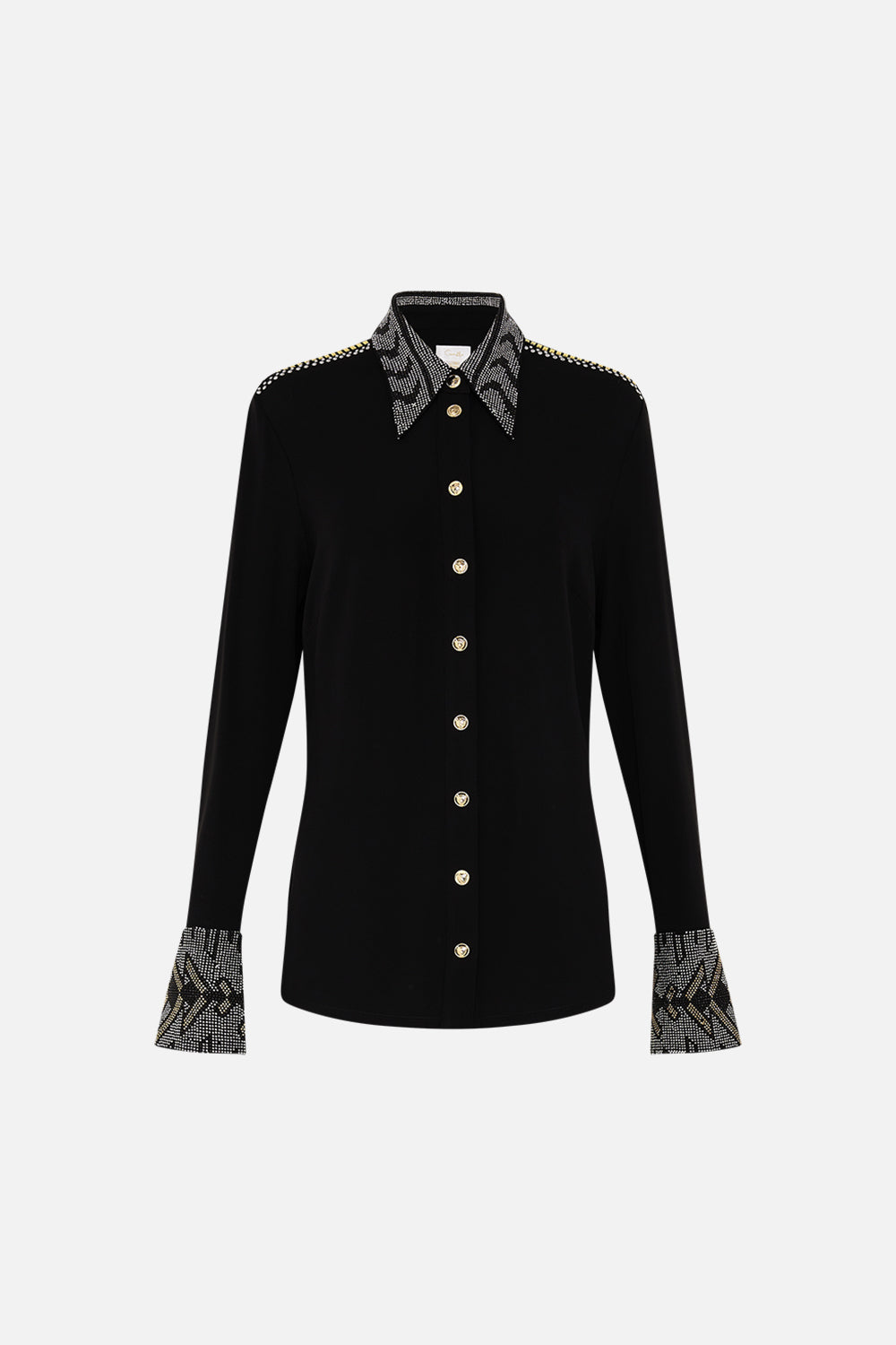 CAMILLA Black Fitted Jersey Shirt in They Called Her Nefertari print.