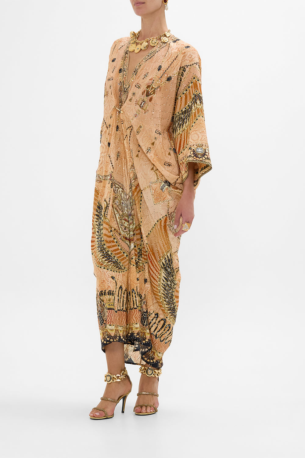 CAMILLA Gold Pierced V-Neck Embellished Kaftan in Kingdom of Hieroglyphs Print