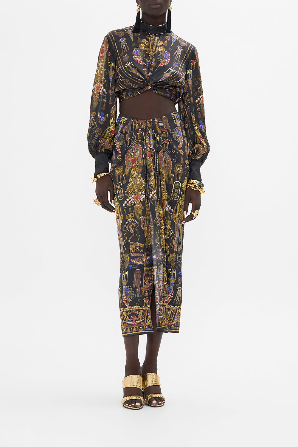 CAMILLA Drape Front Skirt With Split Cartouche Kingdom print. 