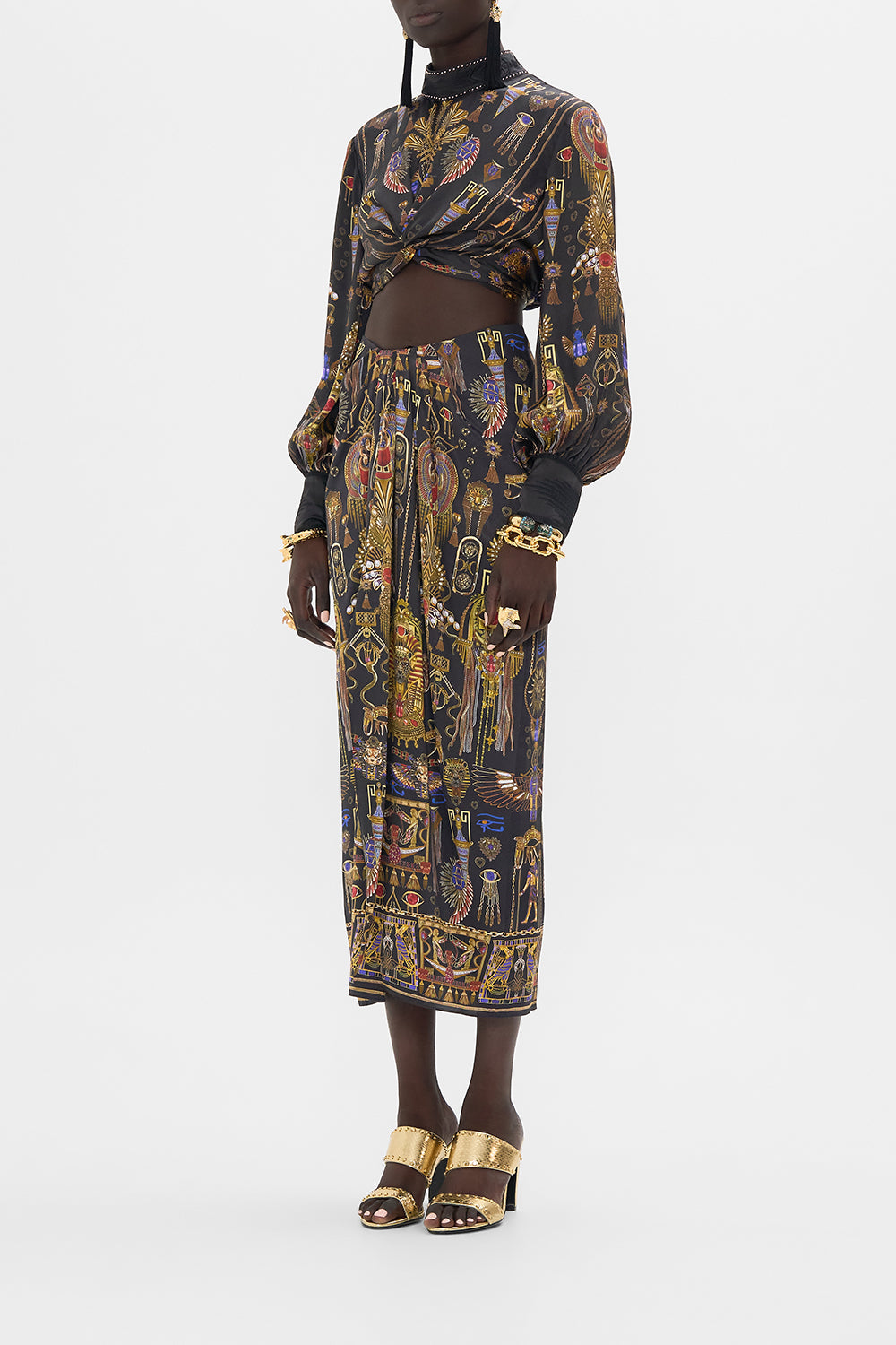 CAMILLA Drape Front Skirt With Split Cartouche Kingdom print. 