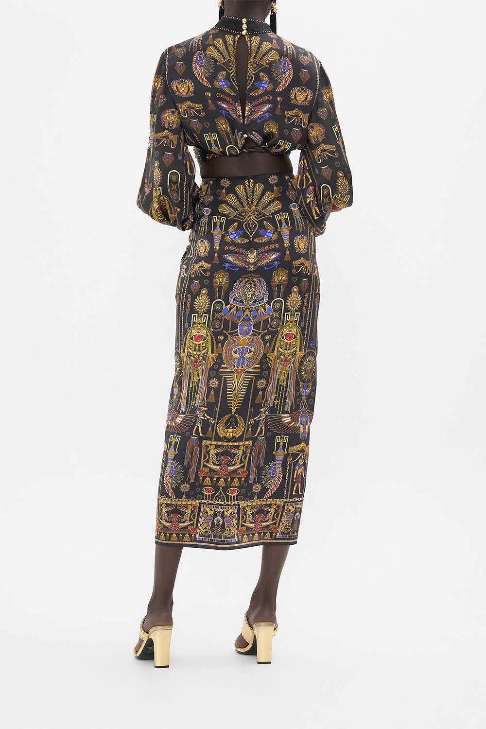 CAMILLA Drape Front Skirt With Split Cartouche Kingdom print. 