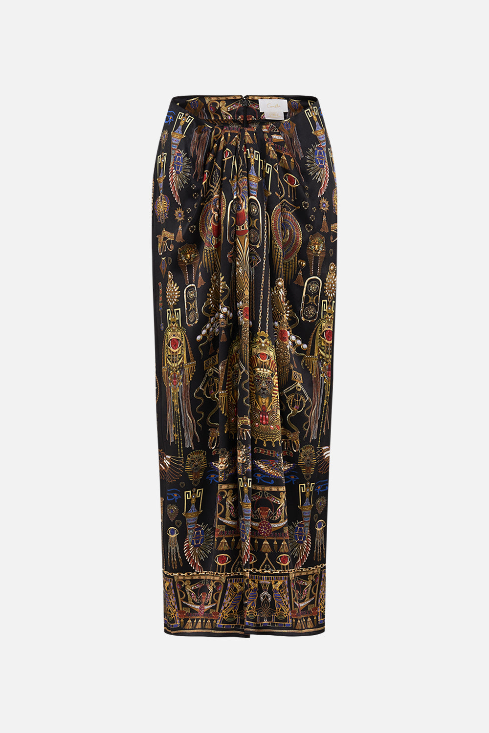 CAMILLA Drape Front Skirt With Split Cartouche Kingdom print. 
