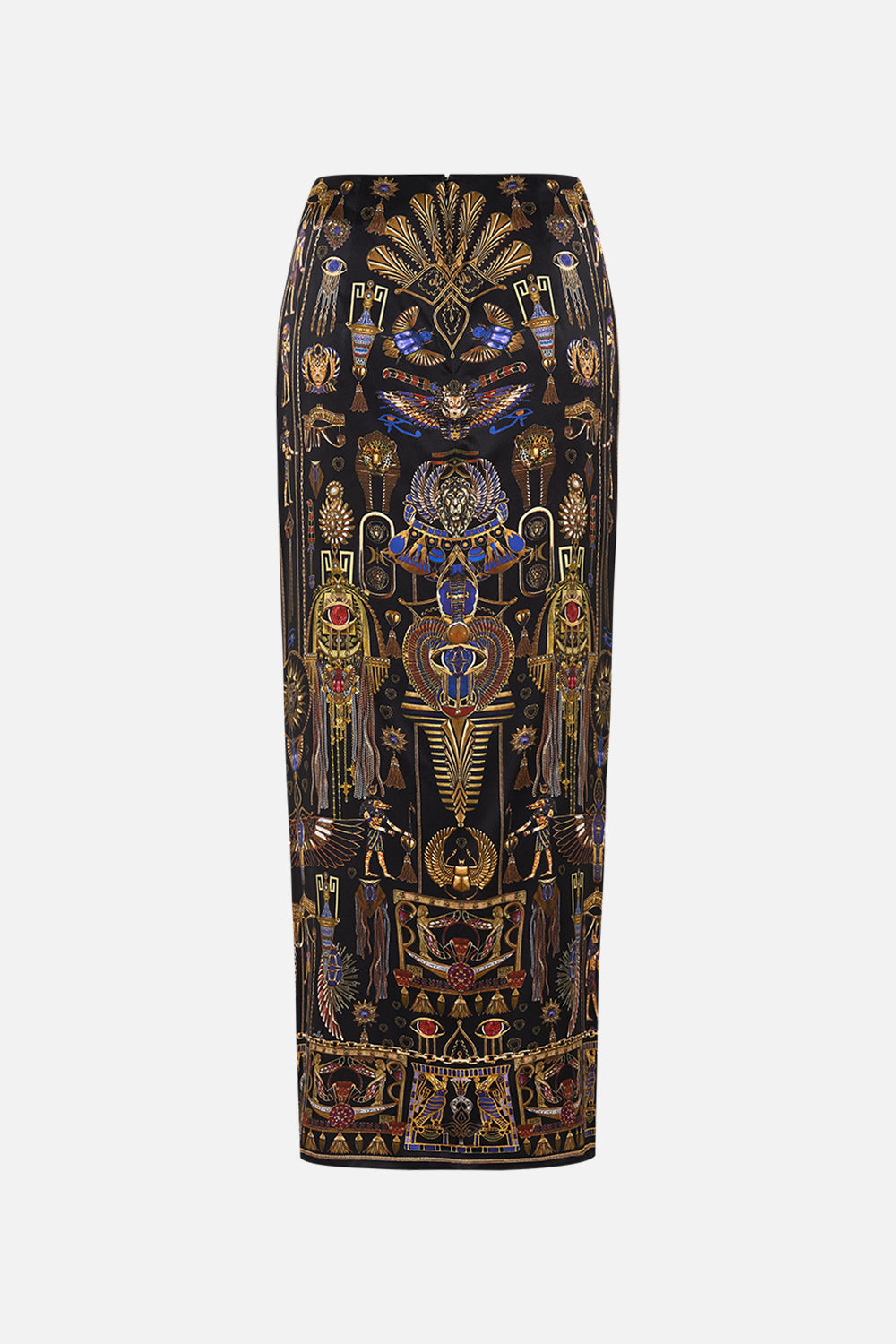 CAMILLA Drape Front Skirt With Split Cartouche Kingdom print. 