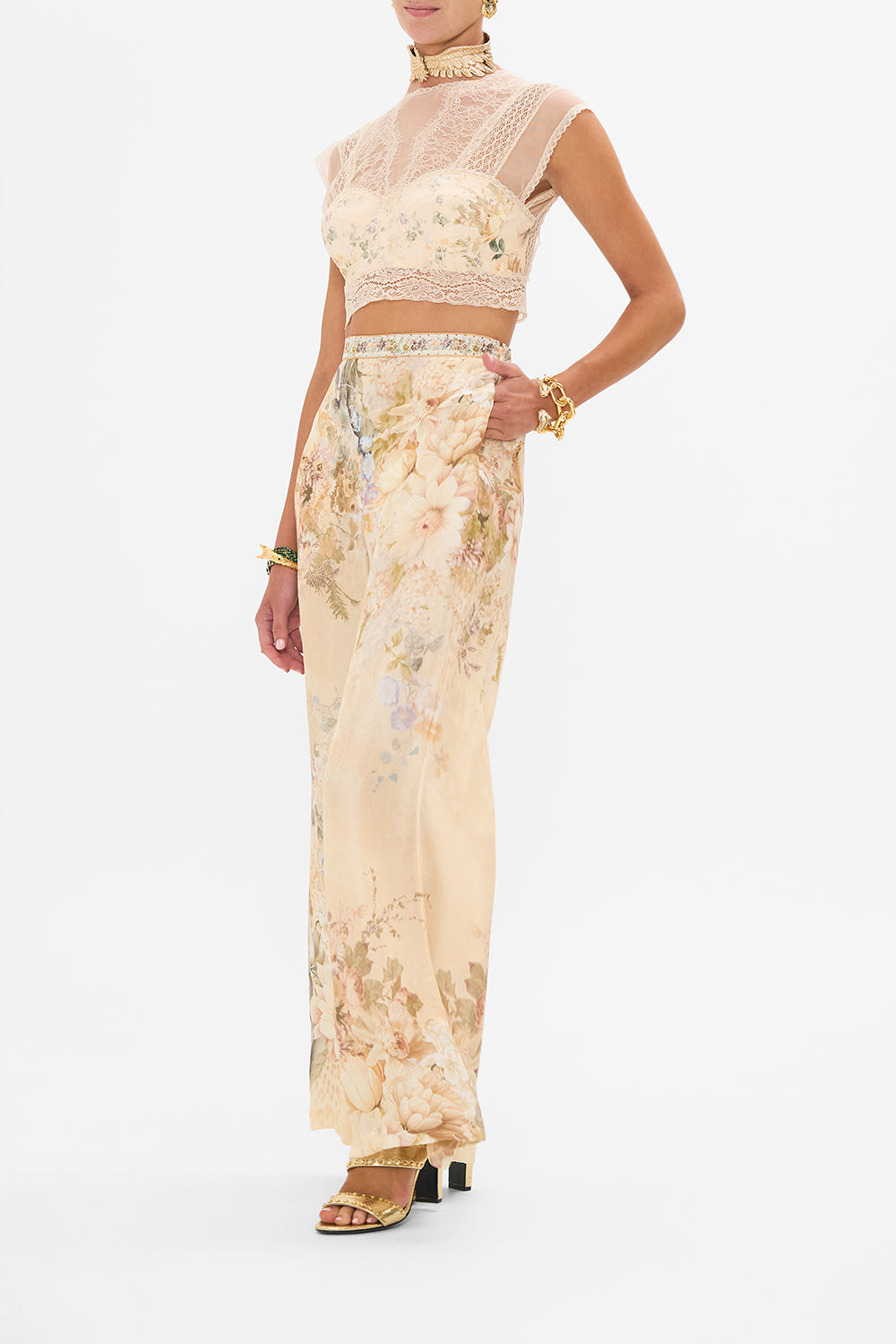 CAMILLA floral minimal wide leg pant in Adorned in Antiquity print. 