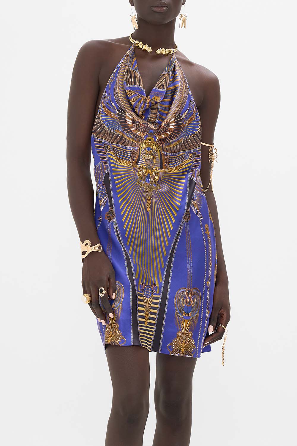 CAMILLA Draped Short Dress With Neckpiece in My Fair Pharaoh print. 