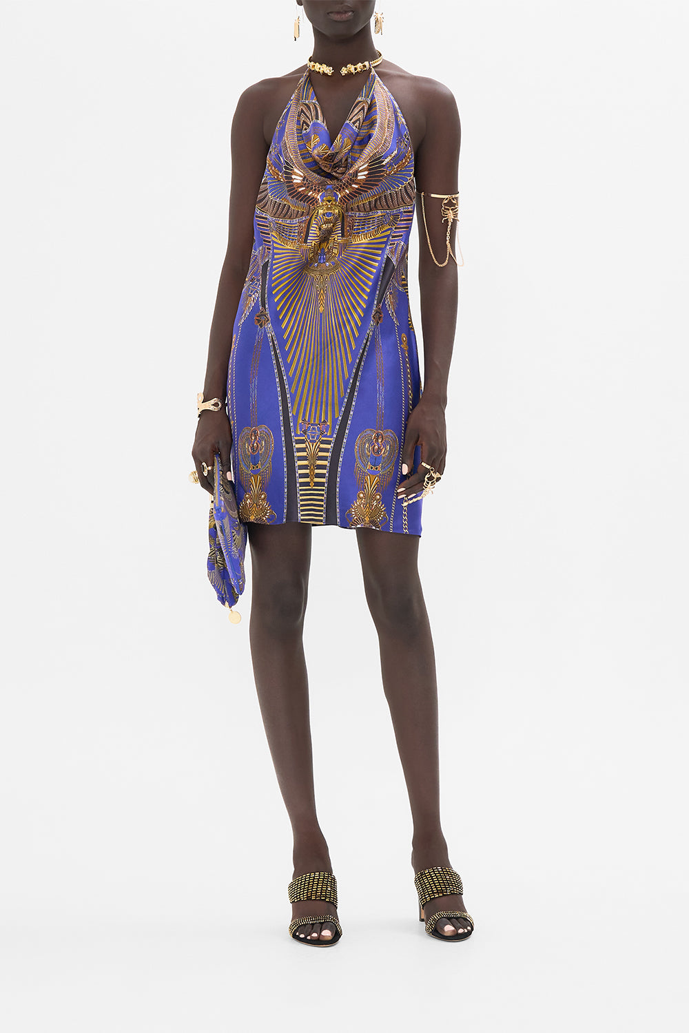 CAMILLA Draped Short Dress With Neckpiece in My Fair Pharaoh print. 