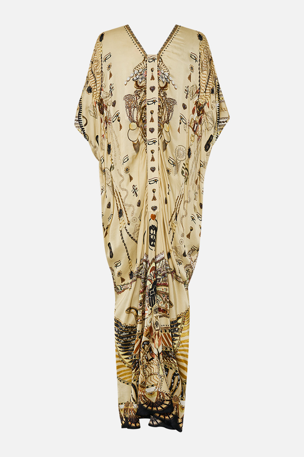CAMILLA Gold Kaftan with Front Tab Detail in Gateway to the Afterlife Print