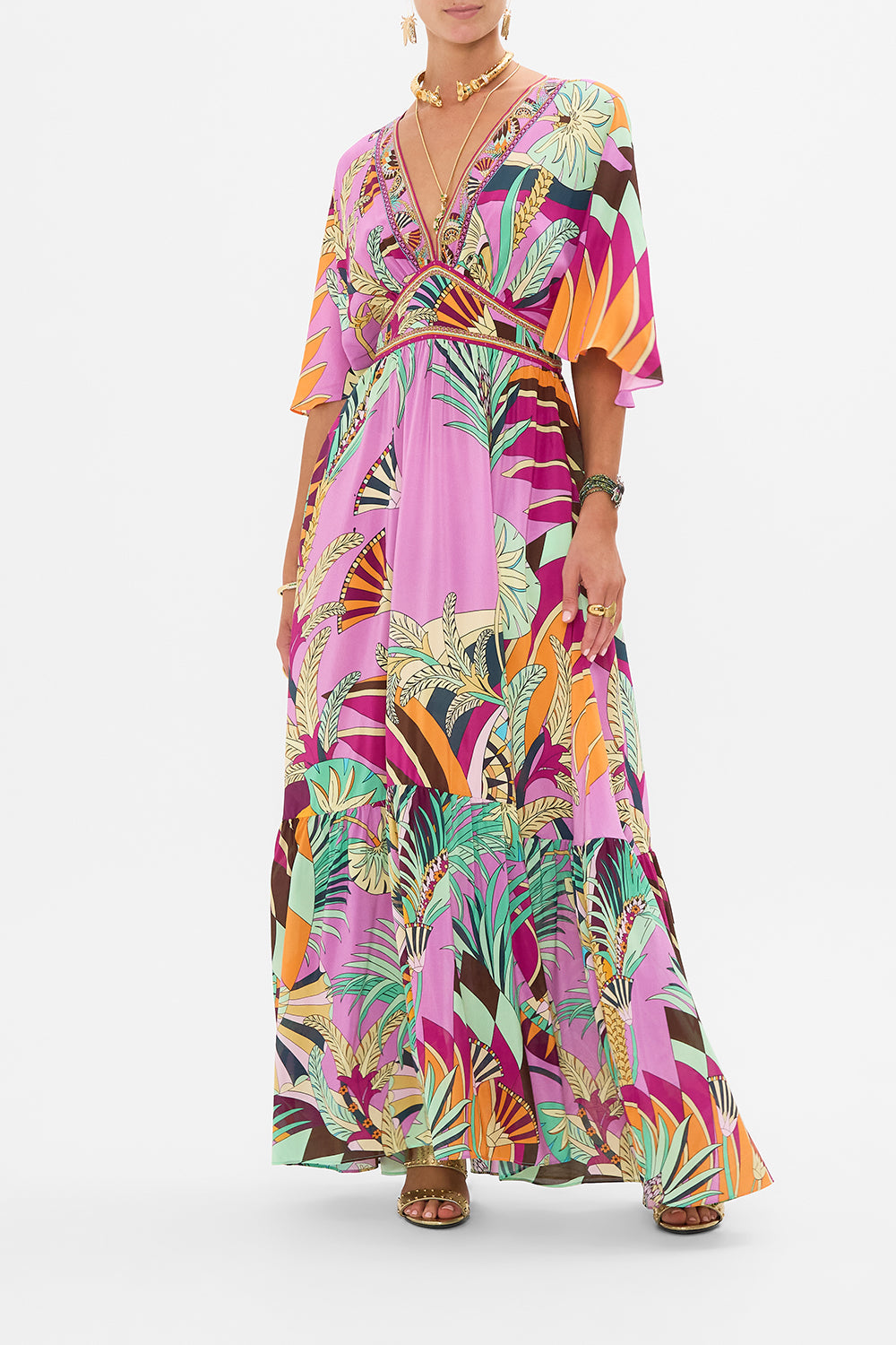 CAMILLA Waisted Dress With Hem Ruffle in Giza Goddess print. 