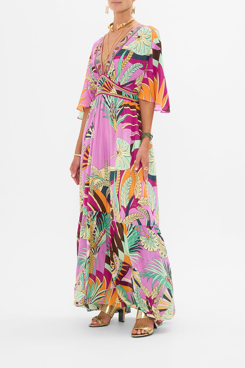 CAMILLA Waisted Dress With Hem Ruffle in Giza Goddess print. 