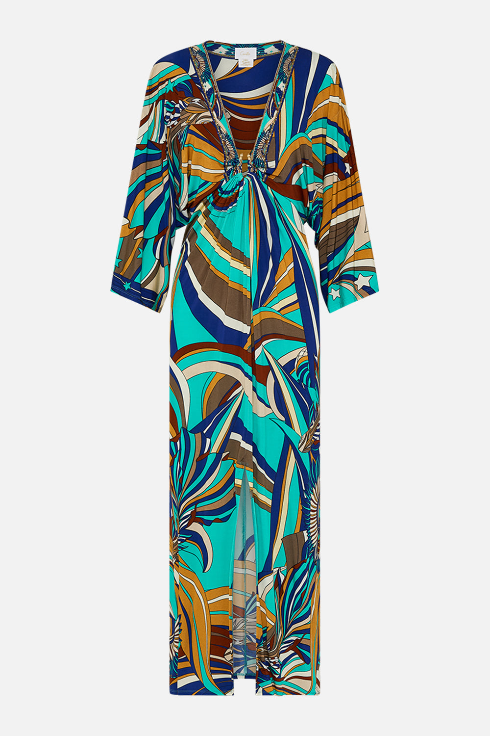 CAMILLA Draped Jersey Dress With Hardware in Oasis Oracles print. 