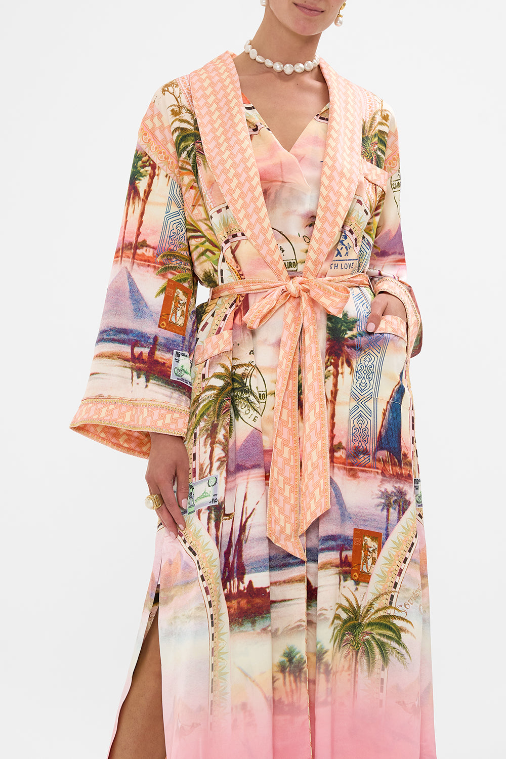 CAMILLA long robe with flared sleeve Milla's Got Mail print. 