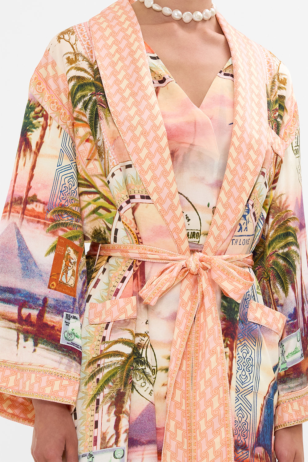 CAMILLA long robe with flared sleeve Milla's Got Mail print. 