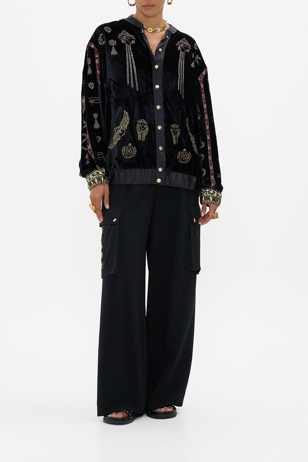 CAMILLA Velvet Lonline Varsity Jacket in Cat Worship print. 