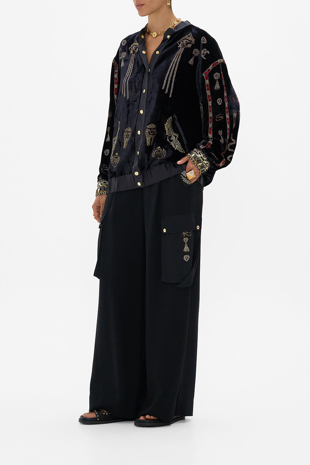 CAMILLA Velvet Lonline Varsity Jacket in Cat Worship print. 