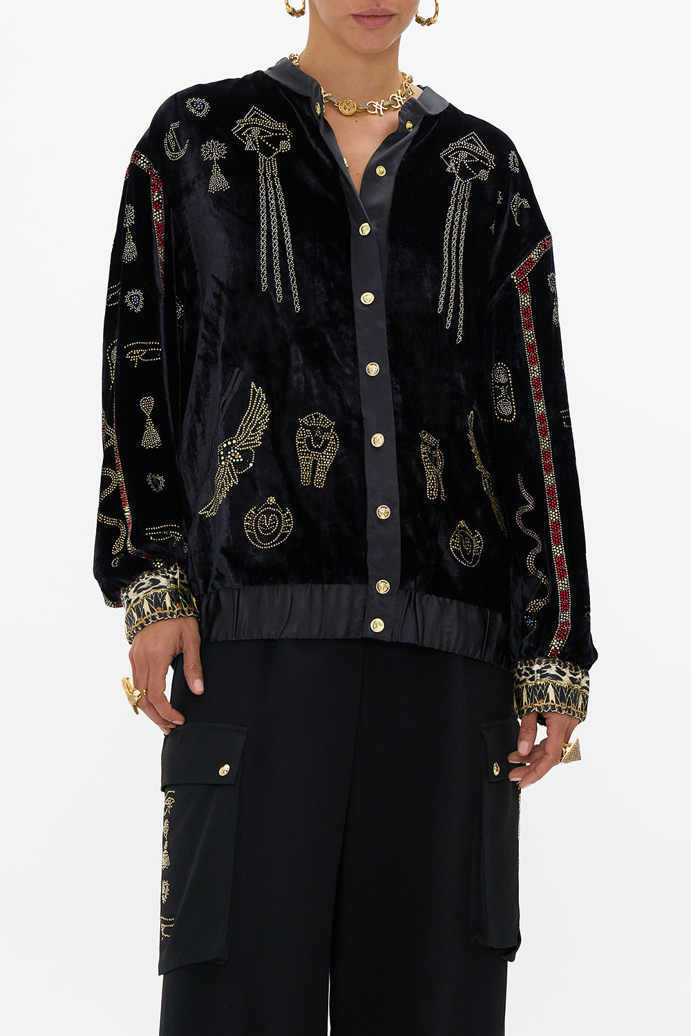 CAMILLA Velvet Lonline Varsity Jacket in Cat Worship print. 