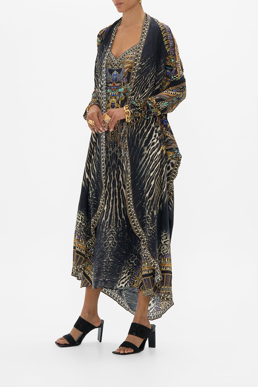 CAMILLA in Long Casual Jacket With Pockets in Cat Worship print. 