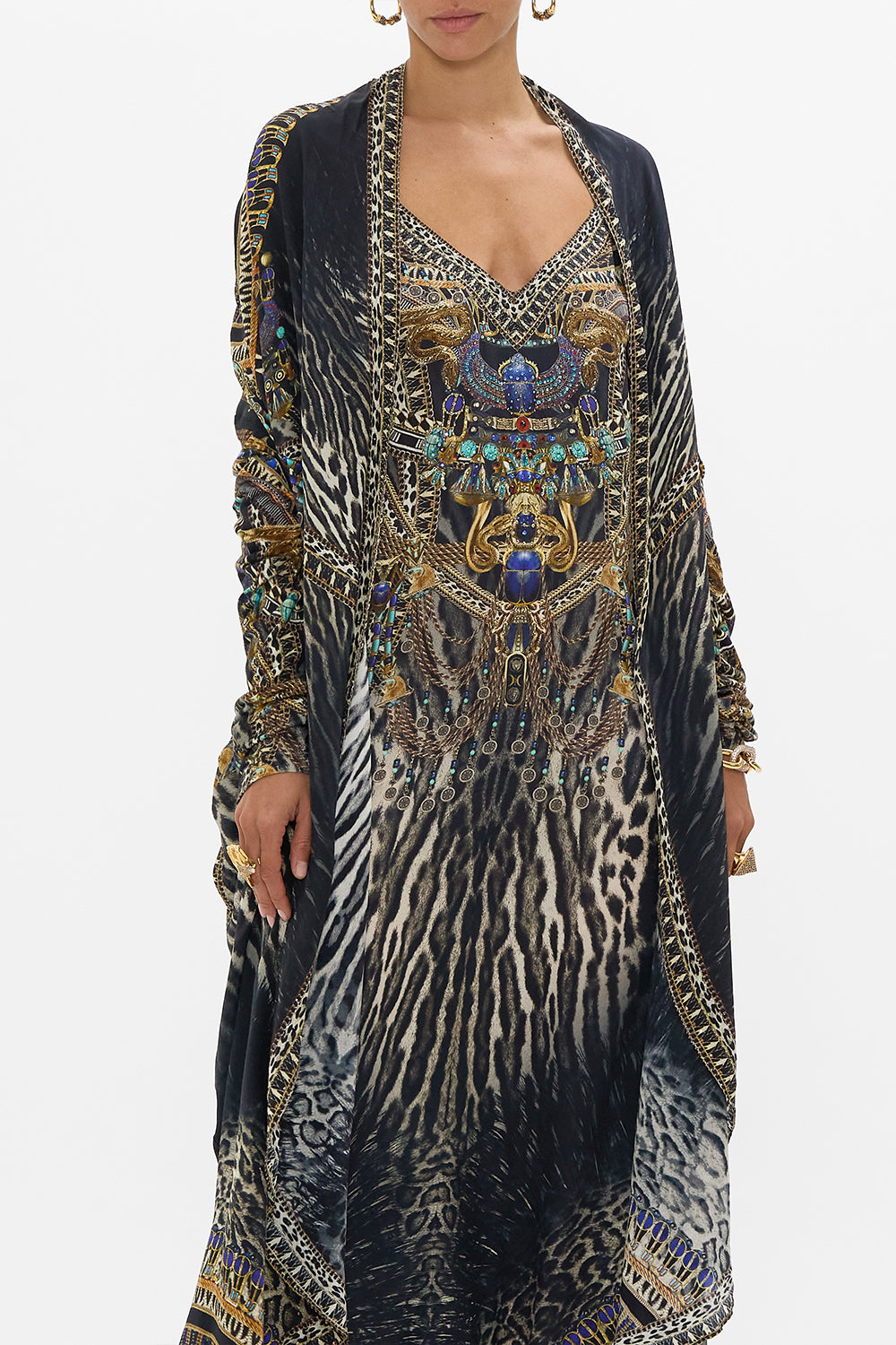 CAMILLA in Long Casual Jacket With Pockets in Cat Worship print. 