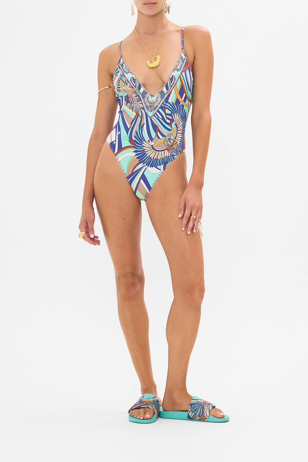 CAMILLA V Neck One Piece With Multicolour Stitching in Oasis Oracle print. 
