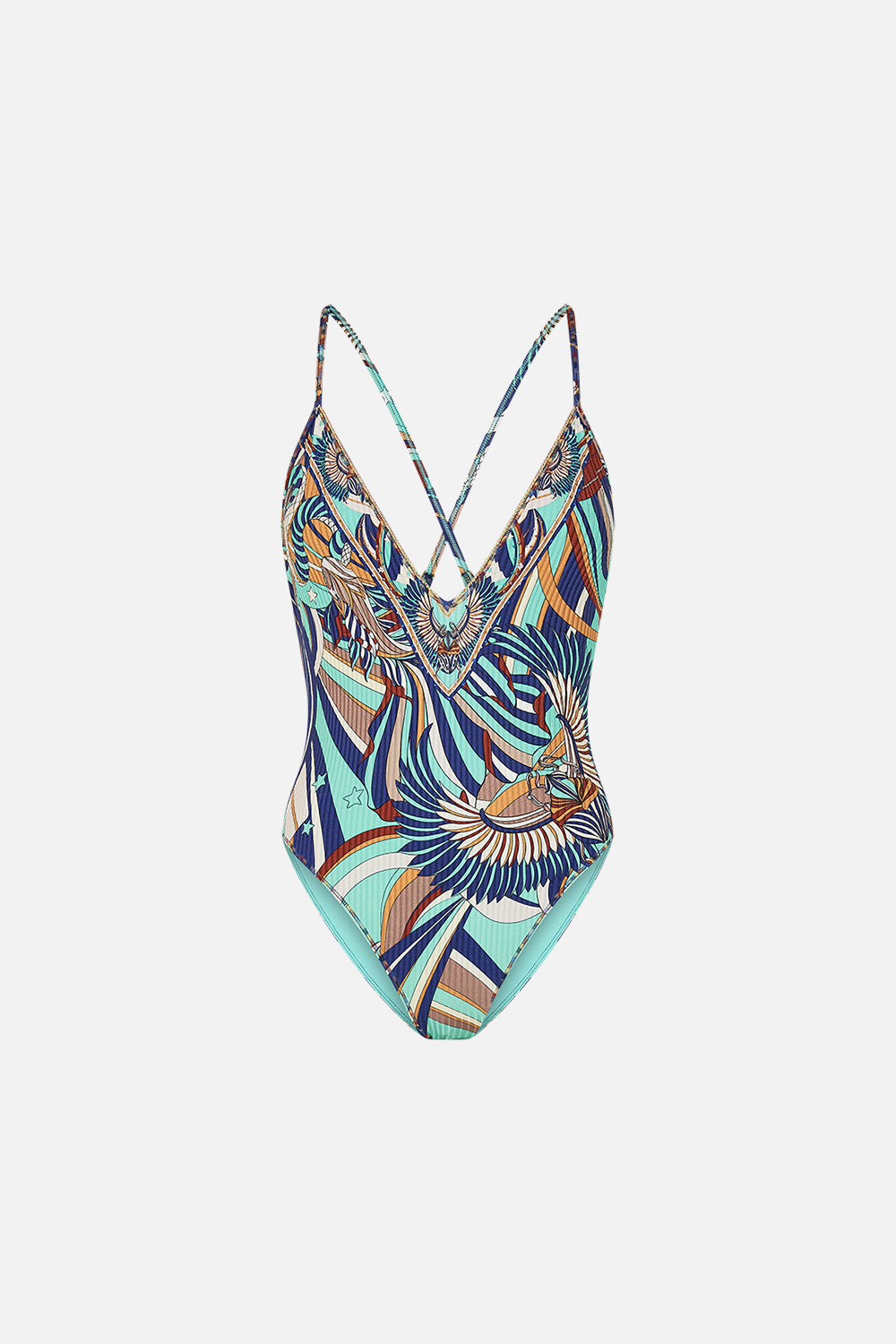 CAMILLA V Neck One Piece With Multicolour Stitching in Oasis Oracle print. 