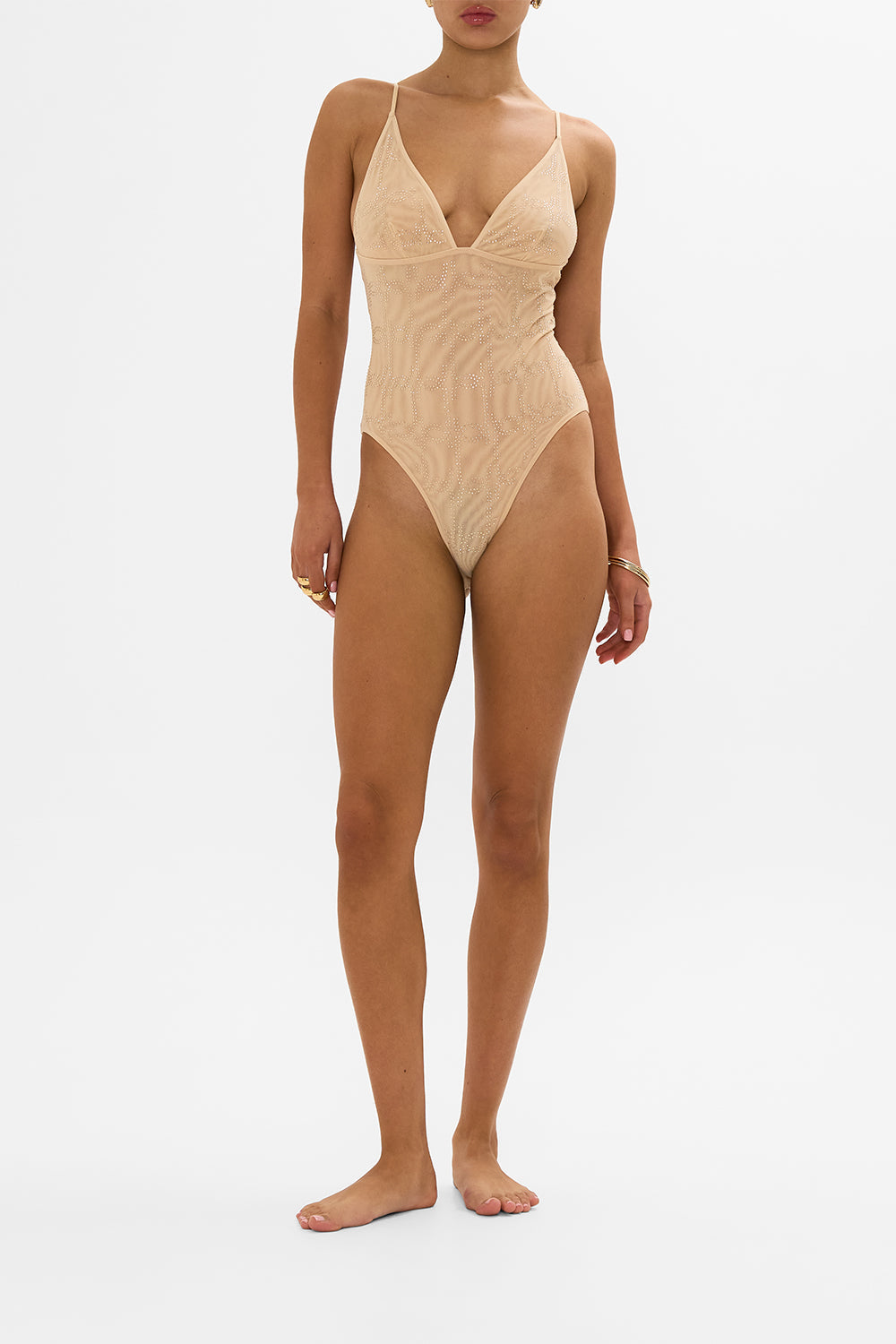 CAMILLA nude mesh tri bodysuit in Solid Nude