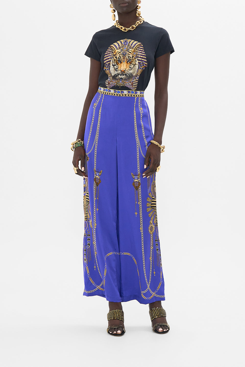 CAMILLA Black Slim Fit Round Neck T Shirt in My Fair Pharaoh print. 