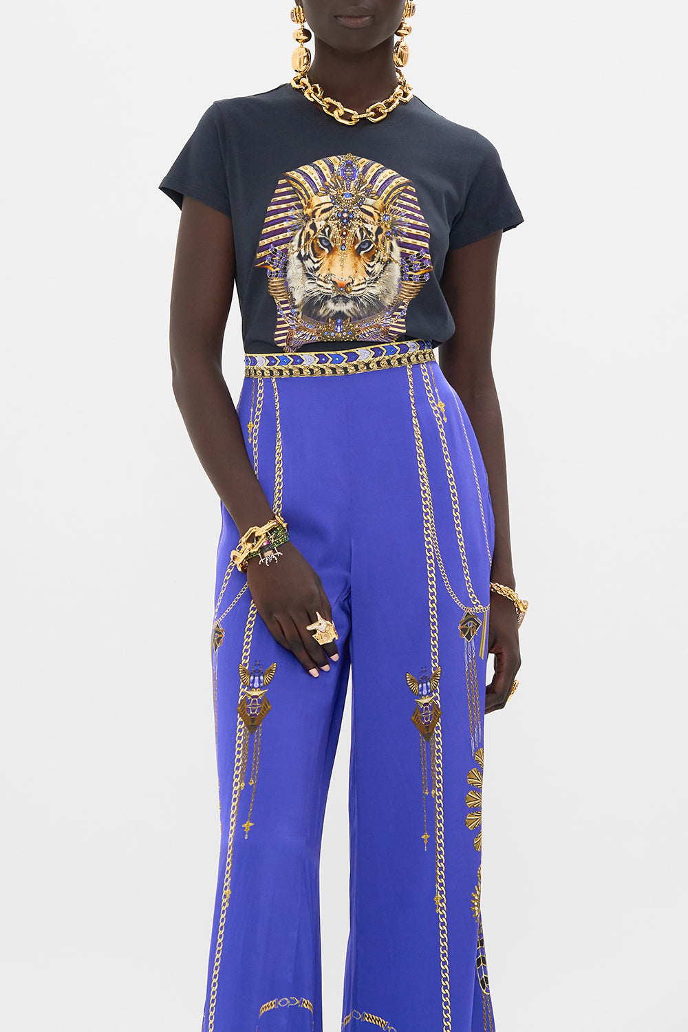 CAMILLA Black Slim Fit Round Neck T Shirt in My Fair Pharaoh print. 