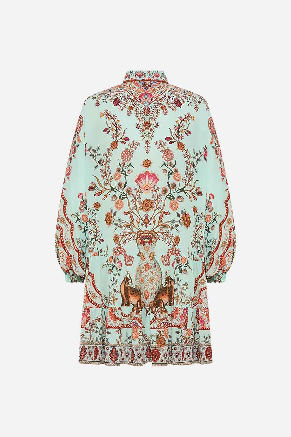 CAMILLA Long Sleeve Tiered Short Dress in Weaving Worlds print