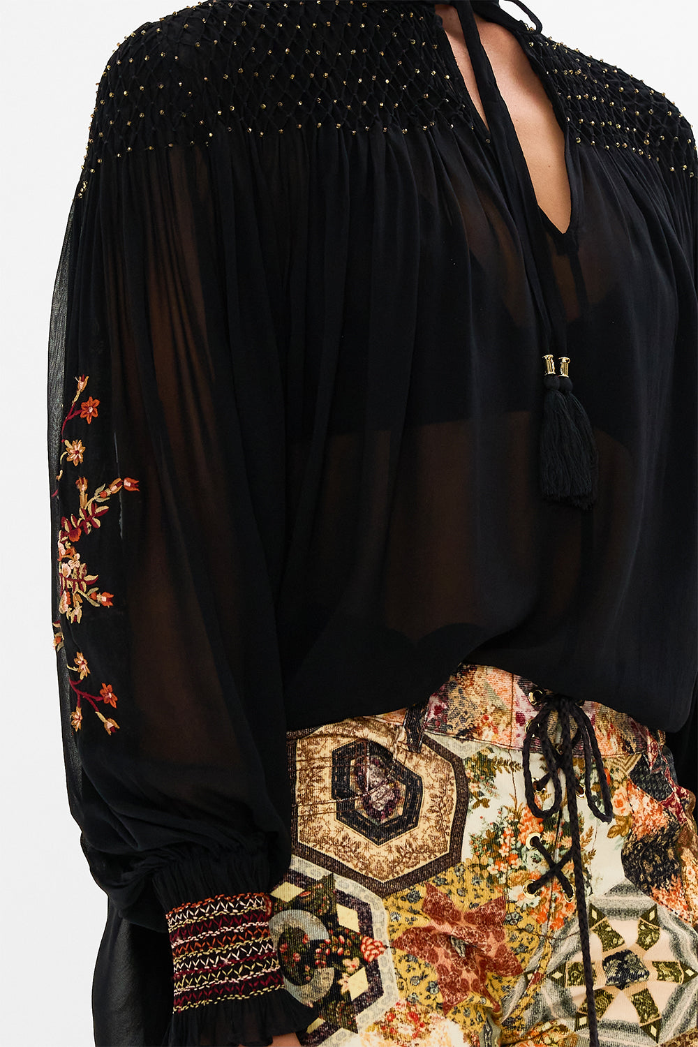 CAMILLA floral Blouson Sleeve Smocked Blouse in Stitched in Time