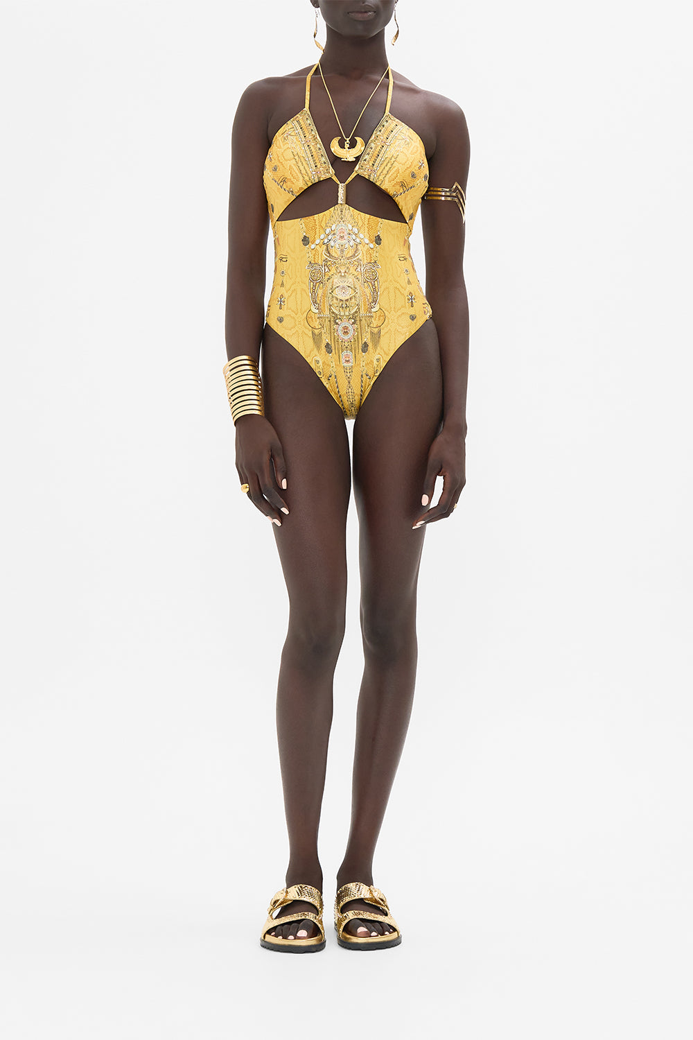 CAMILLA Gold Cut-Out Halter One Piece with Trim in Valley of the Kings Print