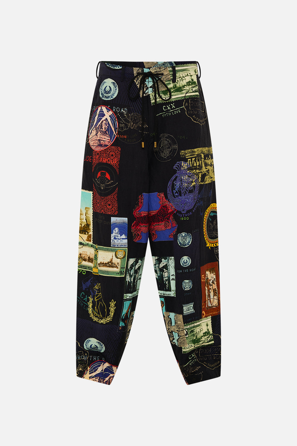 Hotel Franks By CAMILLA black relaxed dropped crotch pant in Landmark and Love Letters print. 