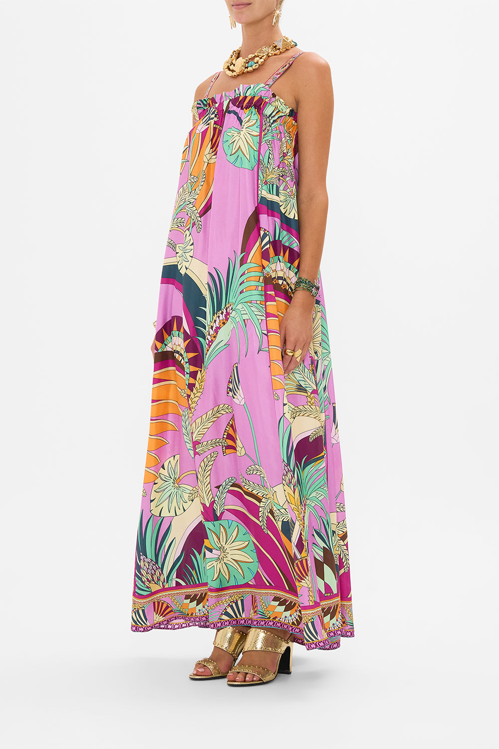CAMILLA Wide Strap Sundress in Giza Goddess print. 