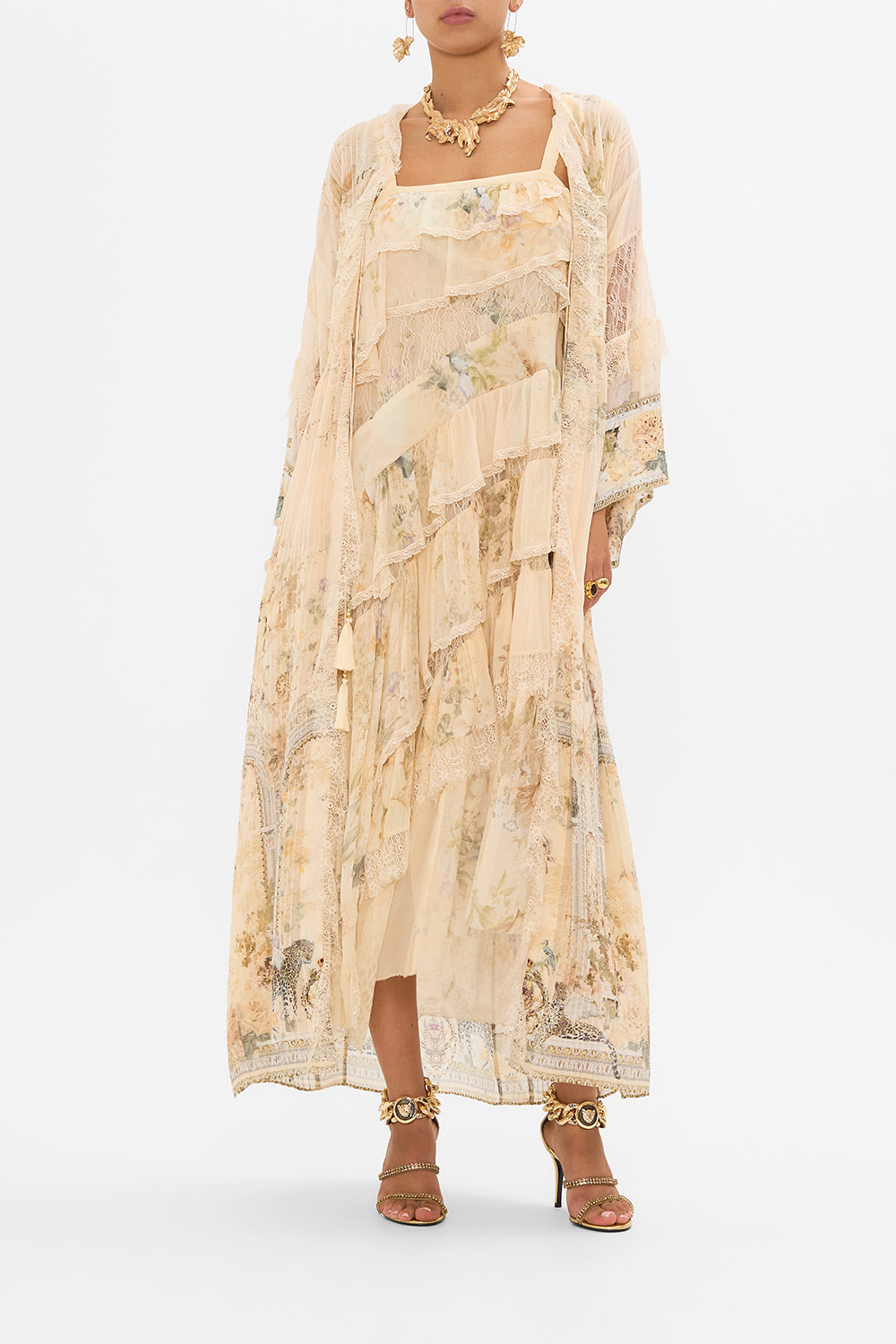 CAMILLA floral pintuck layer with lace detail in Adorned in Antiquity print. 