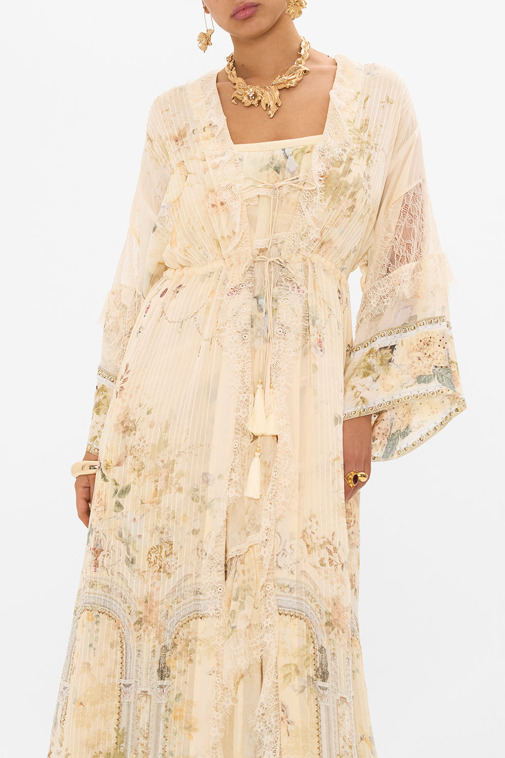 CAMILLA floral pintuck layer with lace detail in Adorned in Antiquity print. 