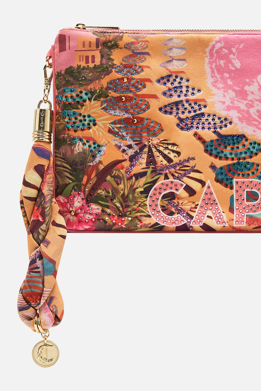 Product view of CAMILLA deisgner clutch bag in Capri Me print