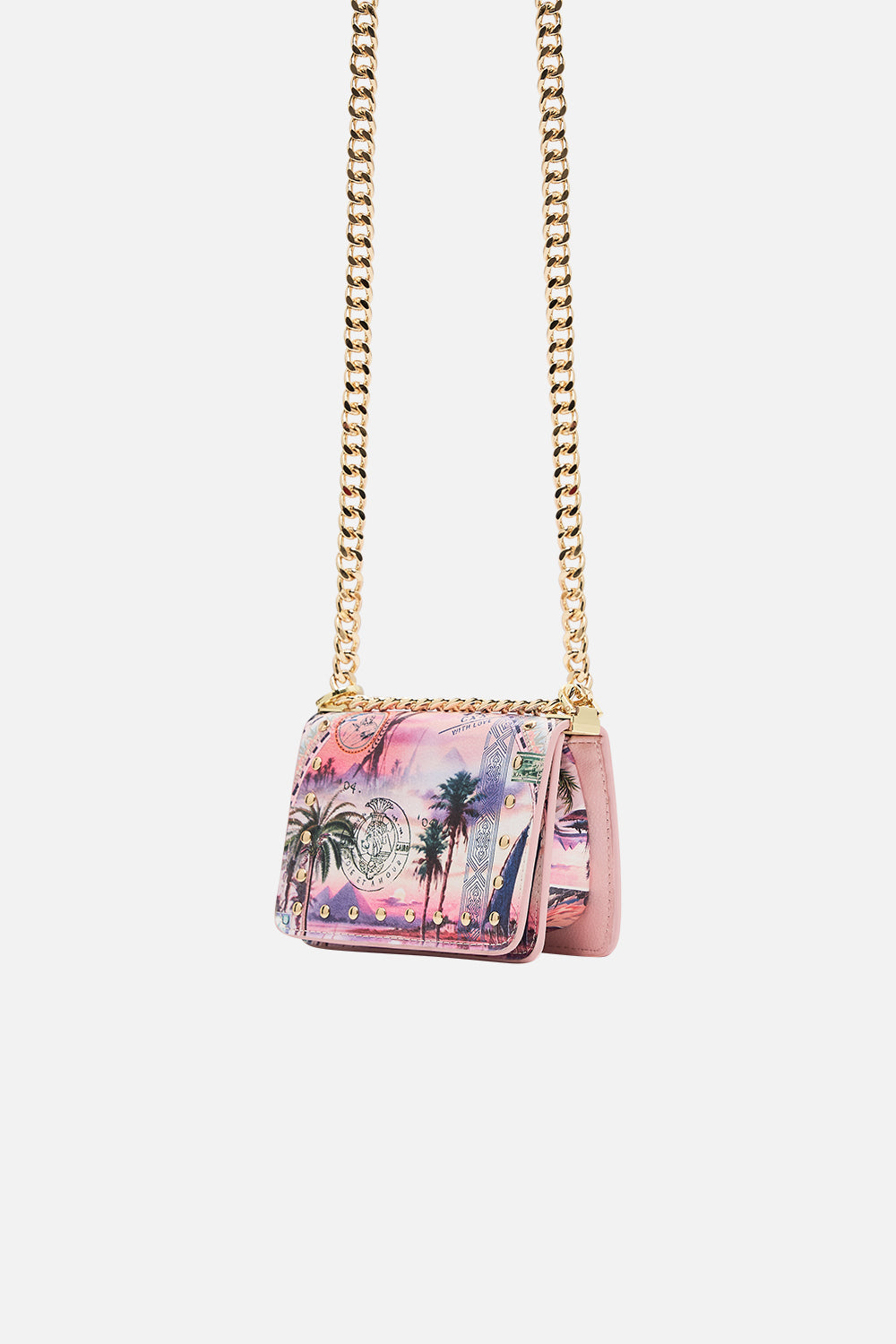 CAMILLA mini crossbody box bag with chain in Milla's Got Mail Print. 