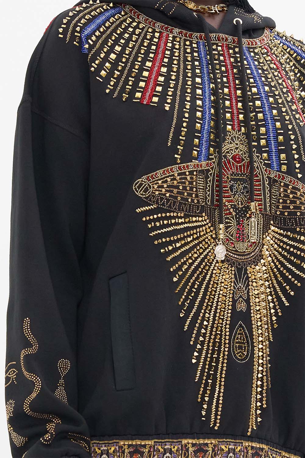 CAMILLA Embroidered Hoodie With Side Pockets in Cartouche Kingdom print. 