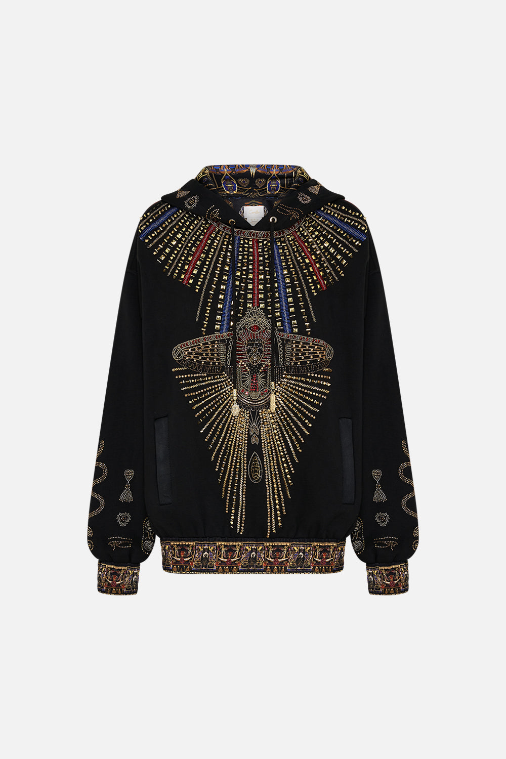 CAMILLA Embroidered Hoodie With Side Pockets in Cartouche Kingdom print. 