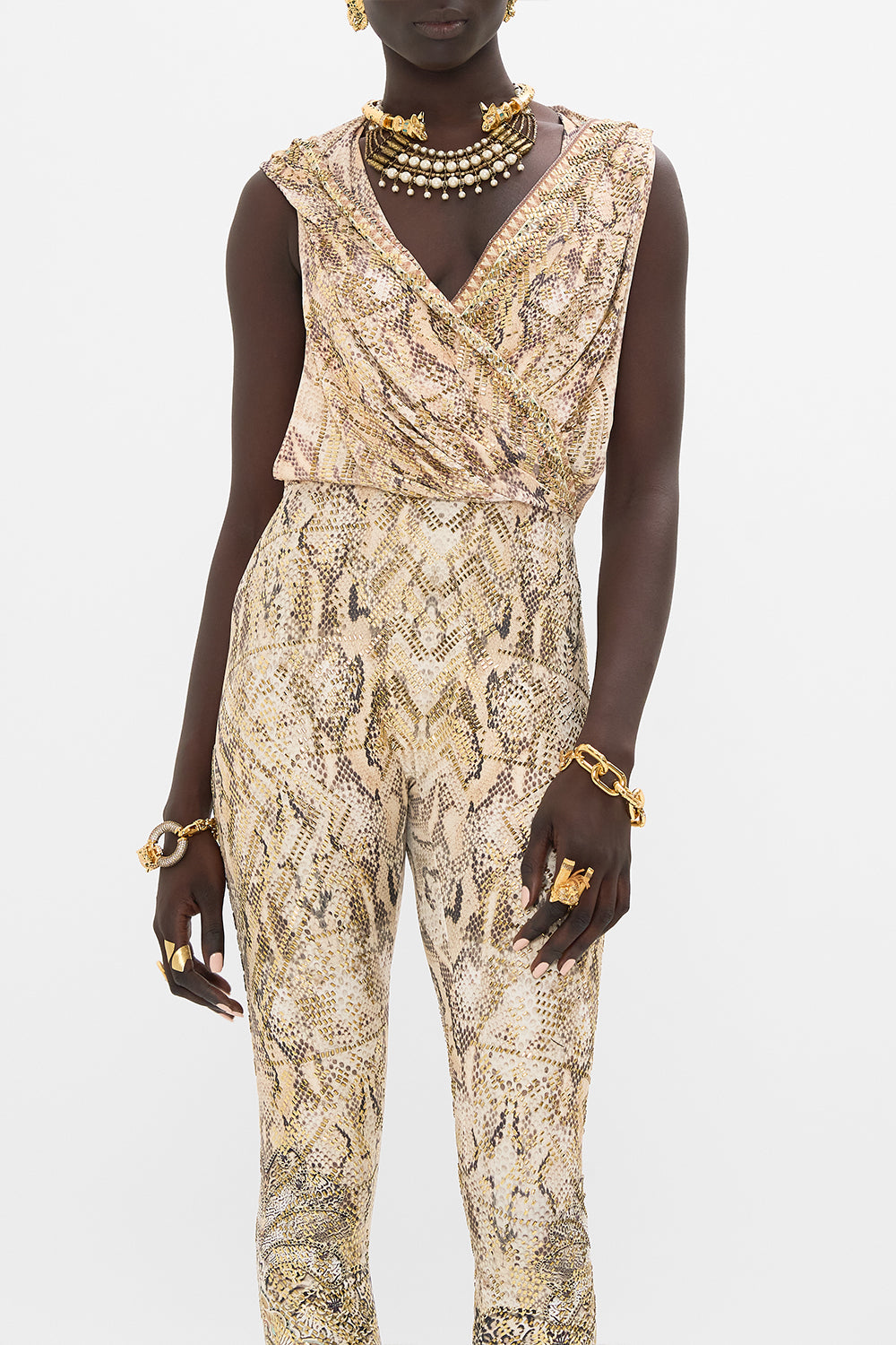 CAMILLA Hooded Sleeveless Catsuit in The Throne Room print