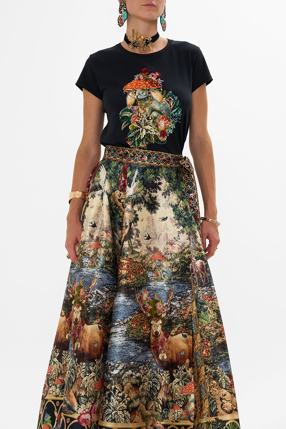 CAMILLA Black Curved Hem Fitted Tee in Tapestry Totems