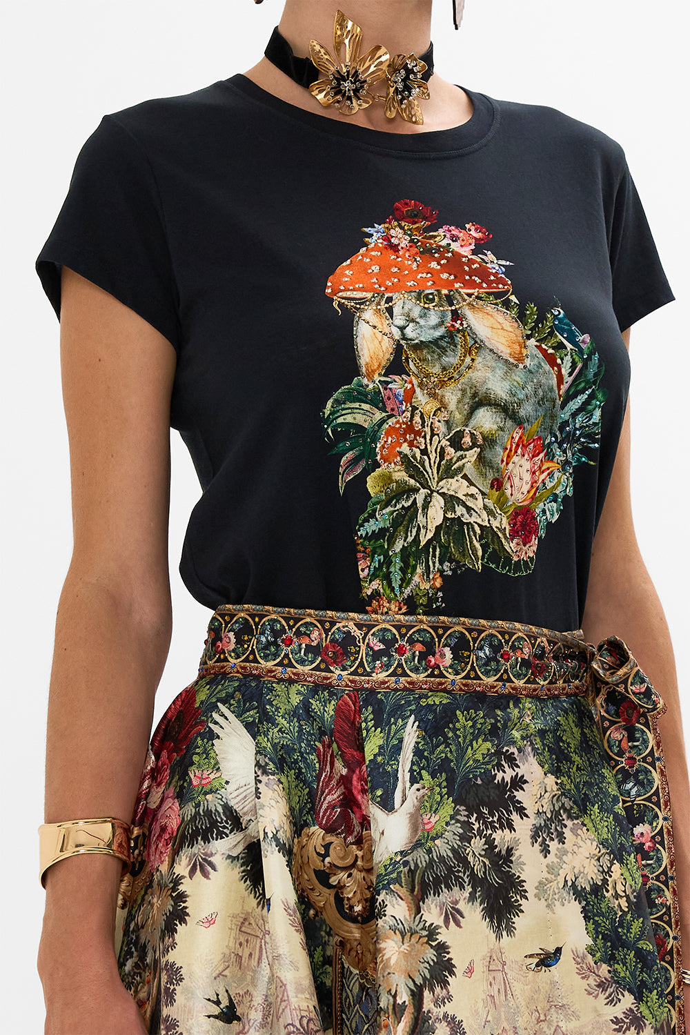 CAMILLA Black Curved Hem Fitted Tee in Tapestry Totems