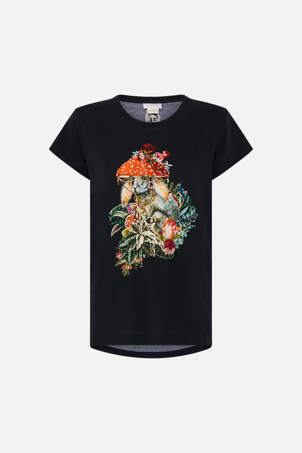 CAMILLA Black Curved Hem Fitted Tee in Tapestry Totems