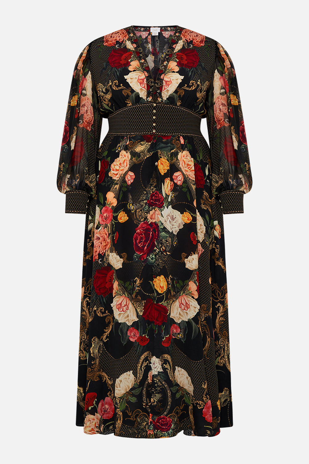 CAMILLA Black Shaped Waistband Dress with Gathered Sleeves in Magic in the Manuscripts
