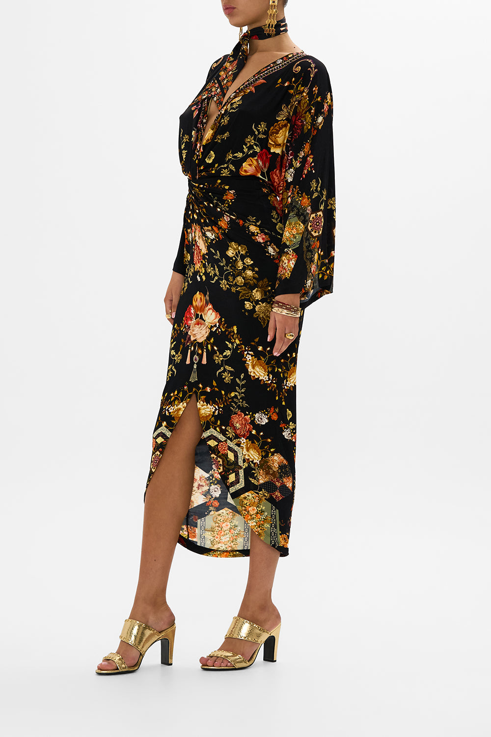 CAMILLA multicolor long split-front twist dress in Stitched In Time print.
