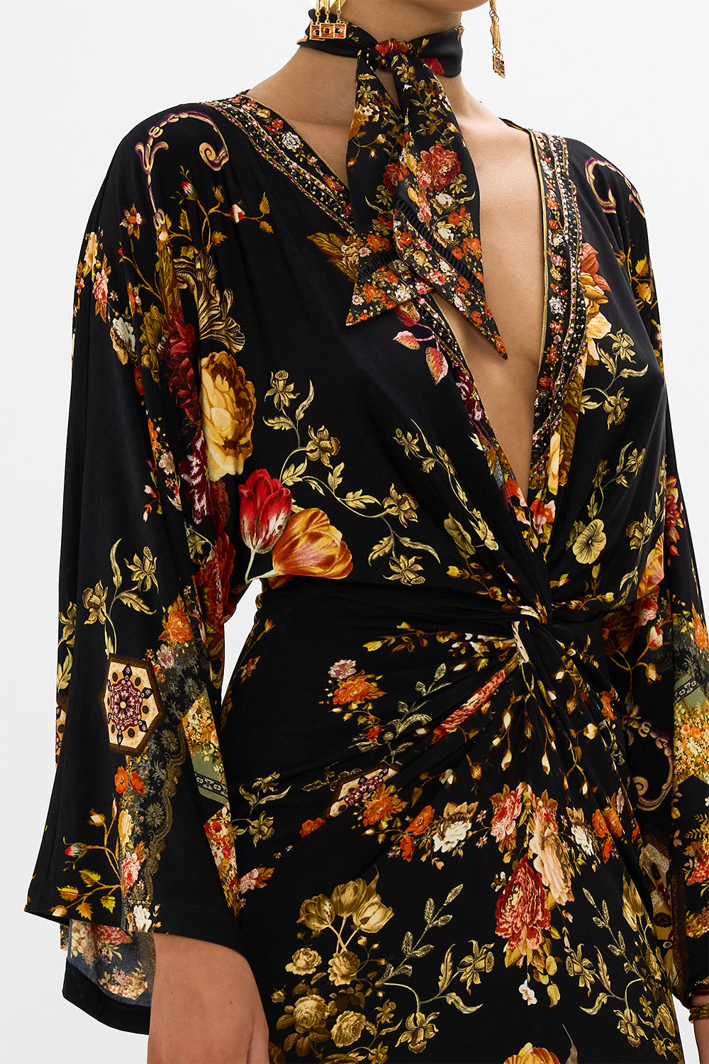 CAMILLA multicolor long split-front twist dress in Stitched In Time print.