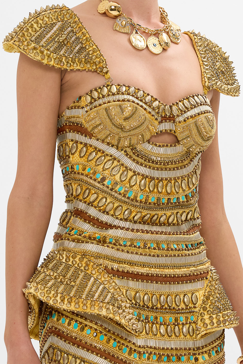 CAMILLA Gold Hand Embellished Bustier Dress in Valley of the Kings Print